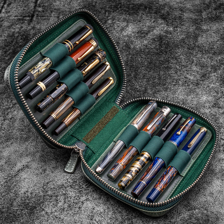 Galen Leather - Expansi-Pouch Leather Wide 10 Slots Pen Case - Crazy Horse Forest Green