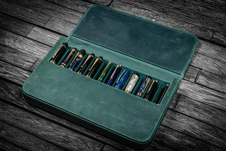 Galen Leather - Leather Magnum Opus 12 Slots Hard Pen Case with Removable Pen Tray - Crazy Horse Forest Green