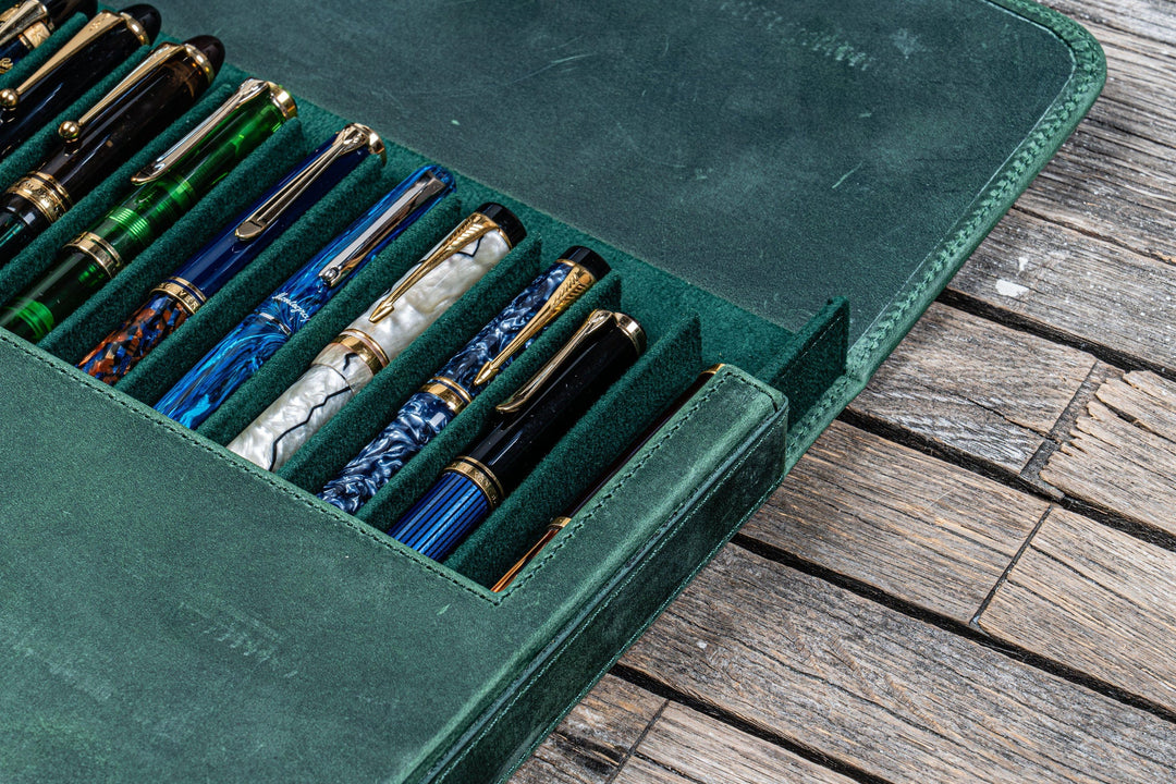 Galen Leather - Leather Magnum Opus 12 Slots Hard Pen Case with Removable Pen Tray - Crazy Horse Forest Green