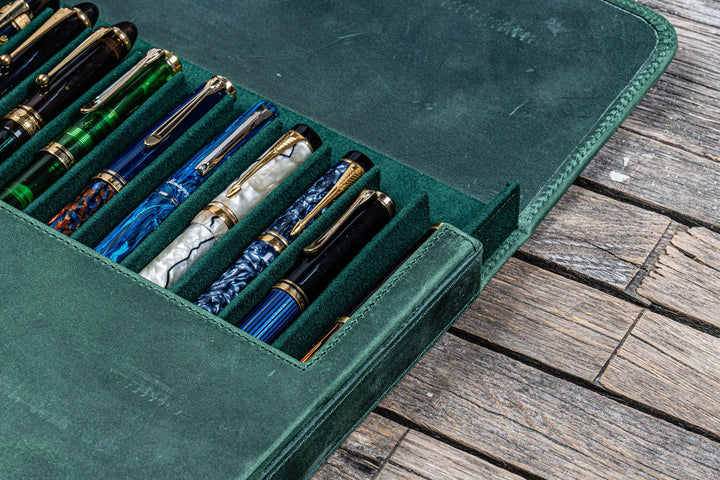 Galen Leather - Leather Magnum Opus 12 Slots Hard Pen Case with Removable Pen Tray - Crazy Horse Forest Green