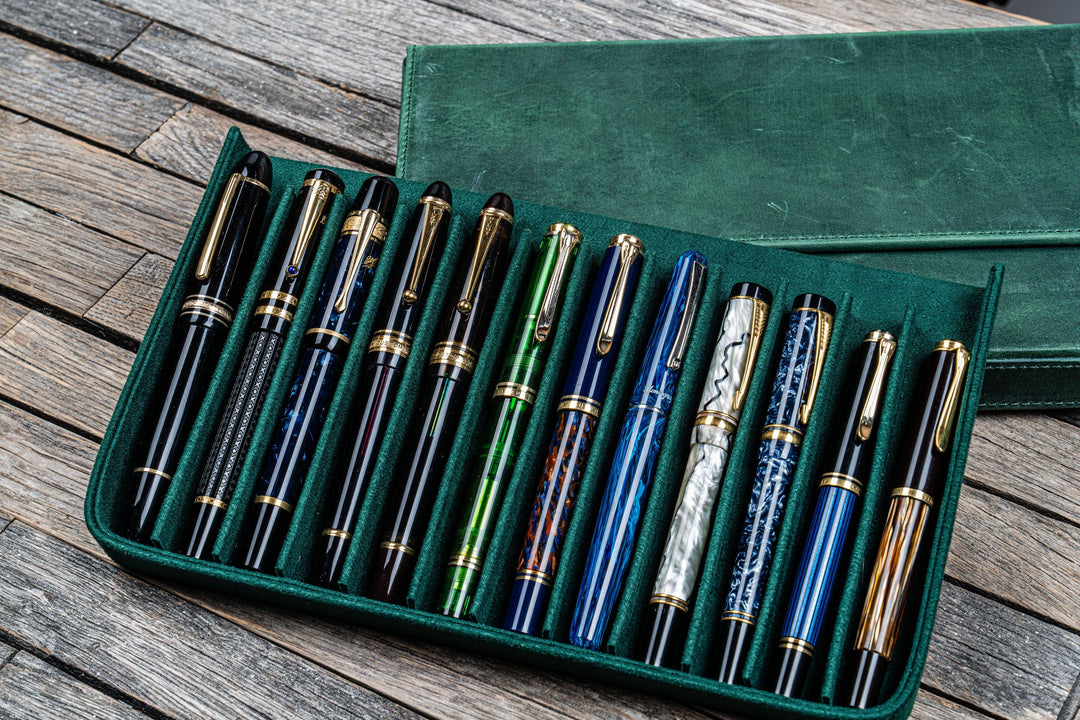 Galen Leather - Leather Magnum Opus 12 Slots Hard Pen Case with Removable Pen Tray - Crazy Horse Forest Green