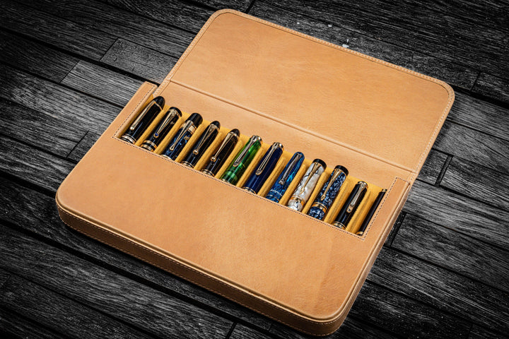 Galen Leather - Leather Magnum Opus 12 Slots Hard Pen Case with Removable Pen Tray - Crazy Horse Honey Ochre