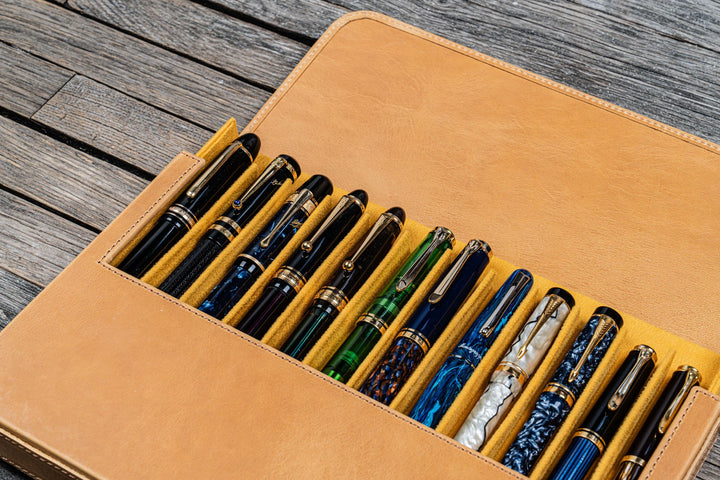 Galen Leather - Leather Magnum Opus 12 Slots Hard Pen Case with Removable Pen Tray - Crazy Horse Honey Ochre