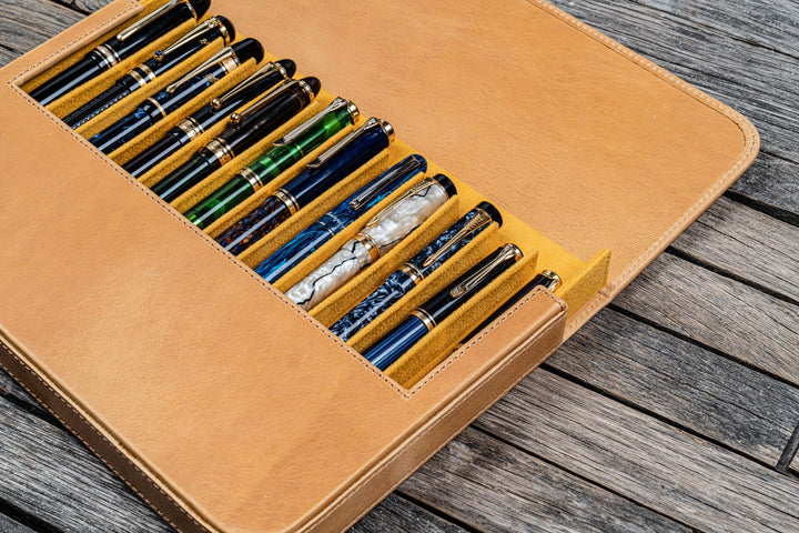 Galen Leather - Leather Magnum Opus 12 Slots Hard Pen Case with Removable Pen Tray - Crazy Horse Honey Ochre