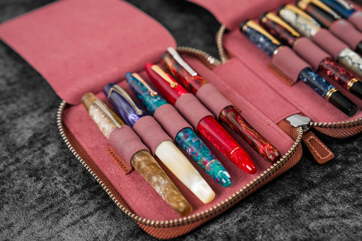 Galen Leather - Leather Zippered 10 Slots Pen Case - C.H. Orange