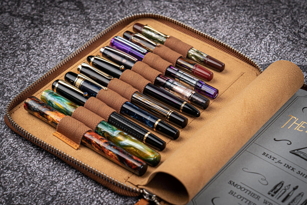 Galen Leather - Leather Zippered 10 Slots Pen Case with A5 Notebook Holder - Crazy Horse Brown