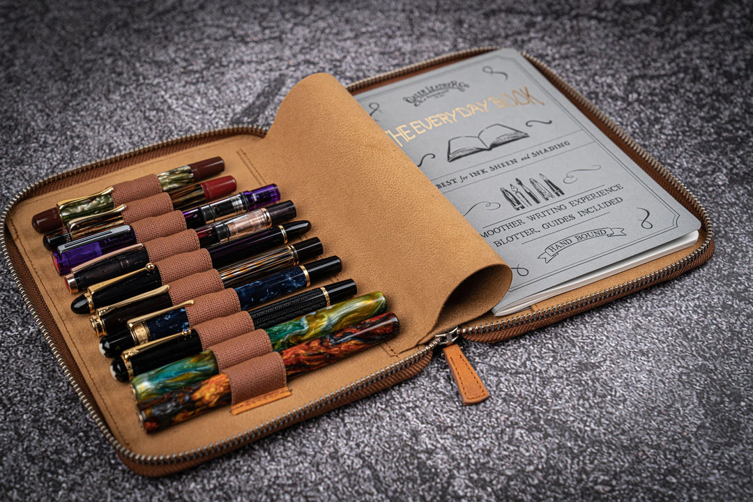 Galen Leather - Leather Zippered 10 Slots Pen Case with A5 Notebook Holder - Crazy Horse Brown