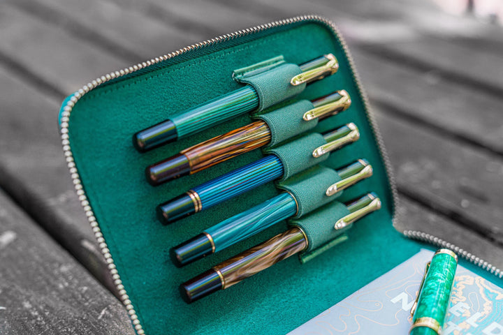 Galen Leather - Leather Zippered 5 Slots Pen Case - Crazy Horse Forest Green