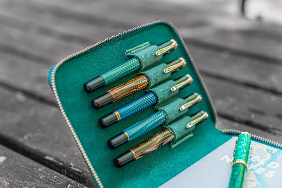 Galen Leather - Leather Zippered 5 Slots Pen Case - Crazy Horse Forest Green