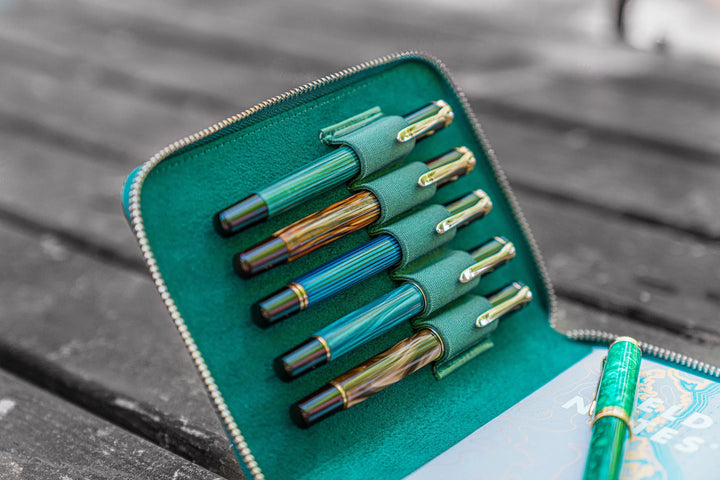Galen Leather - Leather Zippered 5 Slots Pen Case - Crazy Horse Forest Green