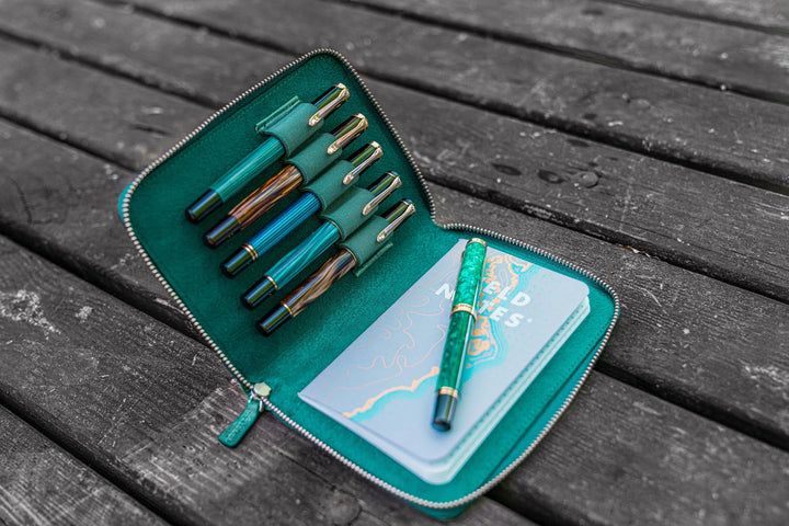Galen Leather - Leather Zippered 5 Slots Pen Case - Crazy Horse Forest Green