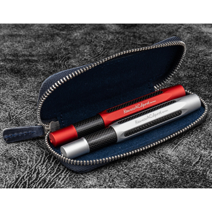 Galen Leather - Leather Zippered Double Pen Case for Kaweco - Pocket Pen - Navy Blue