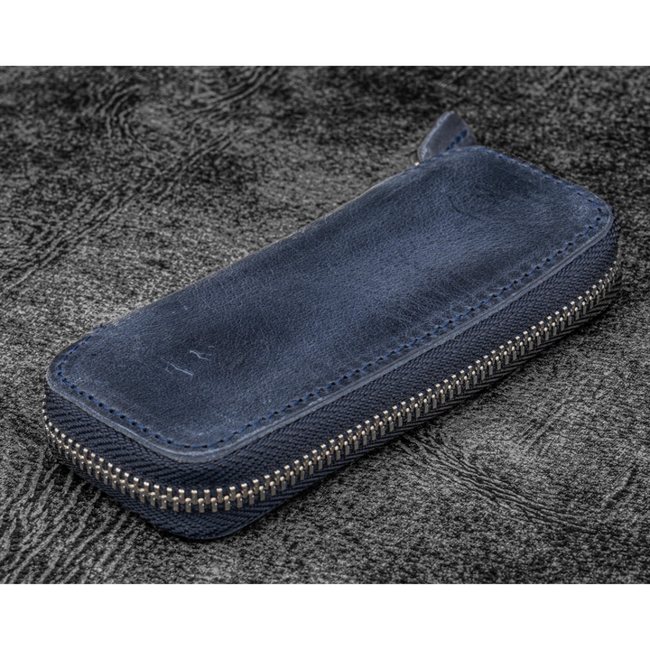 Galen Leather - Leather Zippered Double Pen Case for Kaweco - Pocket Pen - Navy Blue