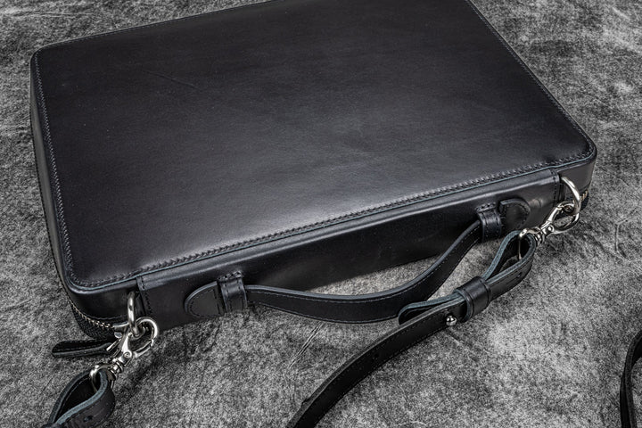 Galen Leather - Leather Compendium Bag - A4 Zippered Folio Organizer - Black