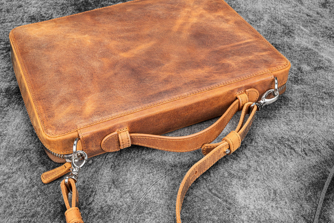 Galen Leather - Leather Compendium Bag - A4 Zippered Folio Organizer - Crazy Horse Brown