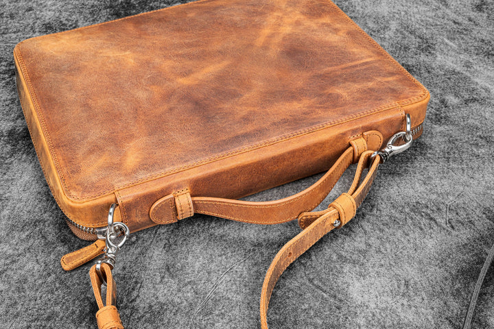 Galen Leather - Leather Compendium Bag - A4 Zippered Folio Organizer - Crazy Horse Brown