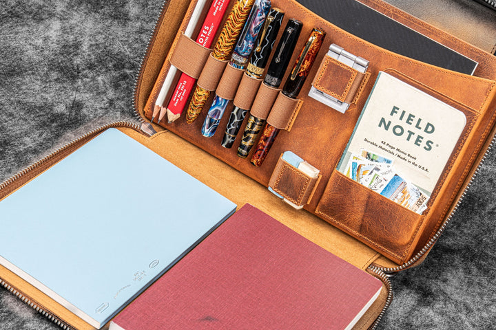 Galen Leather - Leather Compendium Bag - A4 Zippered Folio Organizer - Crazy Horse Brown
