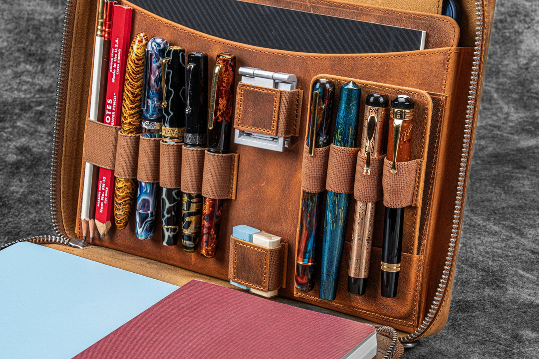Galen Leather - Leather Compendium Bag - A4 Zippered Folio Organizer - Crazy Horse Brown
