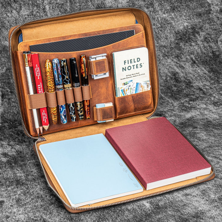 Galen Leather - Leather Compendium Bag - A4 Zippered Folio Organizer - Crazy Horse Brown