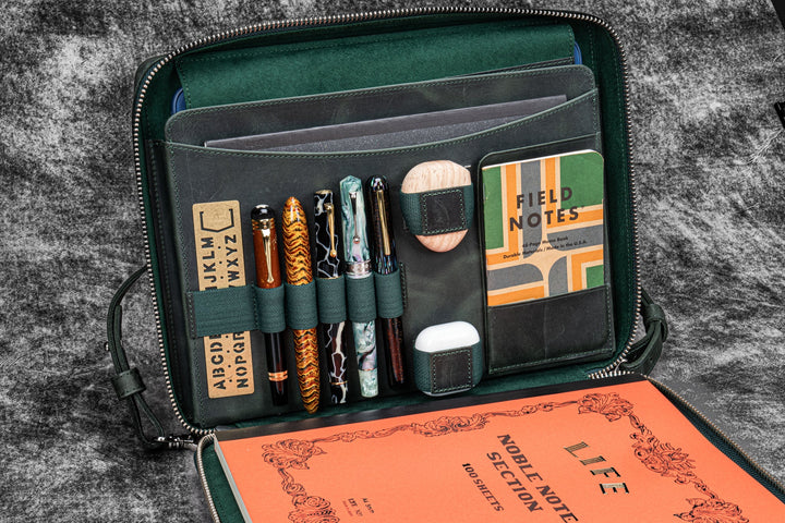 Galen Leather - Leather Compendium Bag - A4 Zippered Folio Organizer - Crazy Horse Forest Green