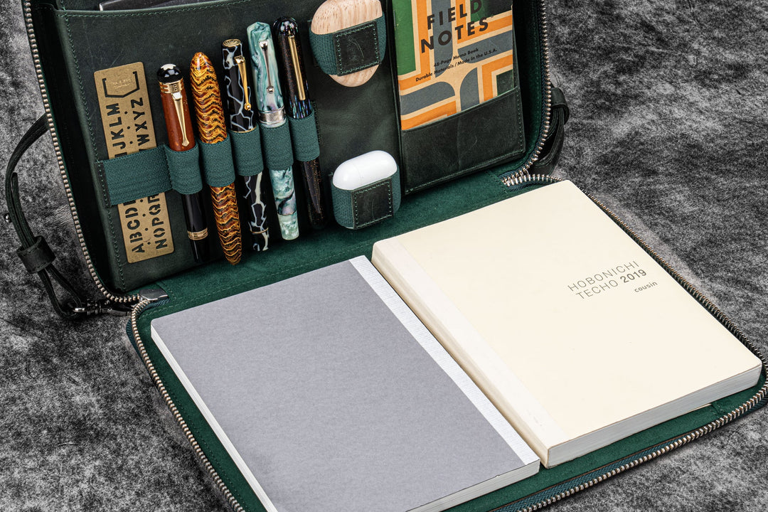 Galen Leather - Leather Compendium Bag - A4 Zippered Folio Organizer - Crazy Horse Forest Green