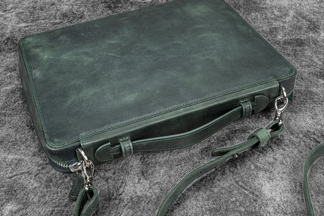 Galen Leather - Leather Compendium Bag - A4 Zippered Folio Organizer - Crazy Horse Forest Green