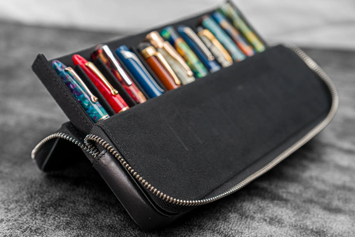 Galen Leather - Zippered Magnum Opus 12 Slots Hard Pen Case with Removable Pen Tray - Black