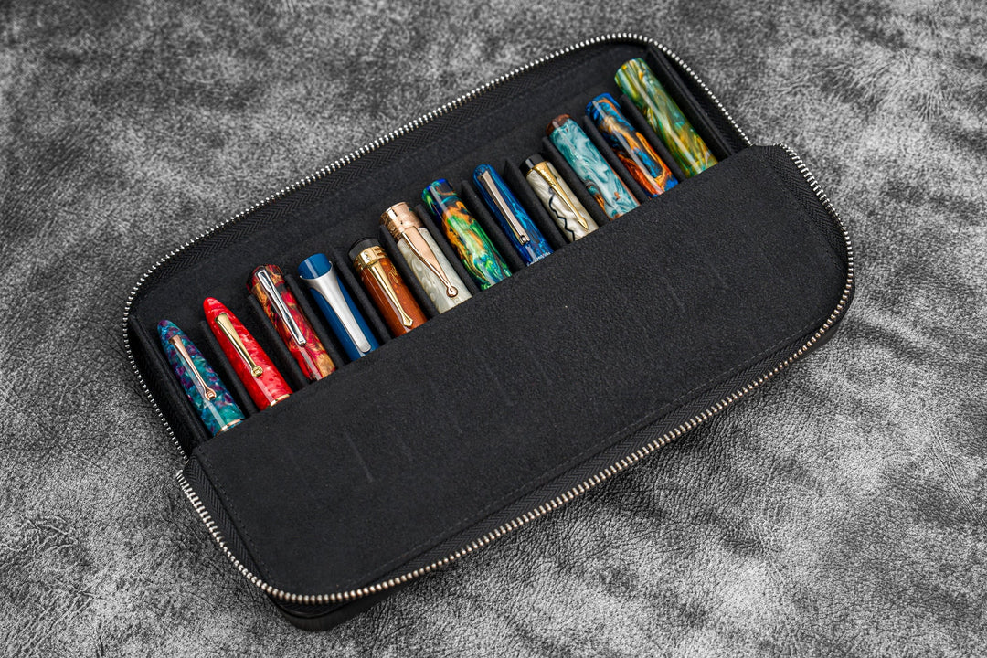 Galen Leather - Zippered Magnum Opus 12 Slots Hard Pen Case with Removable Pen Tray - Black