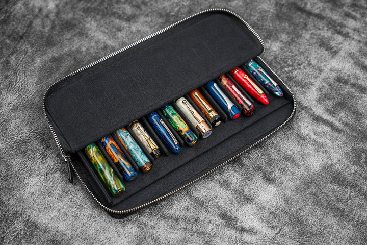 Galen Leather - Zippered Magnum Opus 12 Slots Hard Pen Case with Removable Pen Tray - Black
