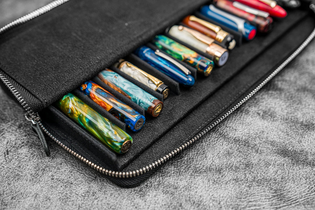 Galen Leather - Zippered Magnum Opus 12 Slots Hard Pen Case with Removable Pen Tray - Black