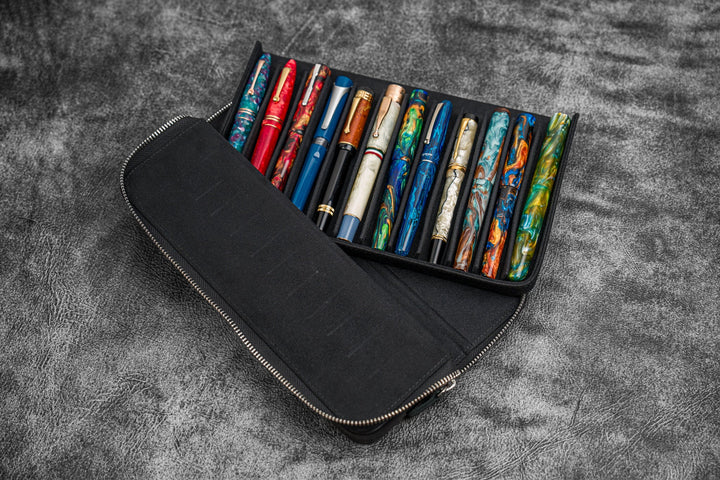 Galen Leather - Zippered Magnum Opus 12 Slots Hard Pen Case with Removable Pen Tray - Black