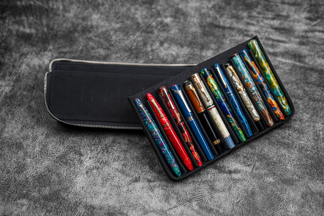 Galen Leather - Zippered Magnum Opus 12 Slots Hard Pen Case with Removable Pen Tray - Black