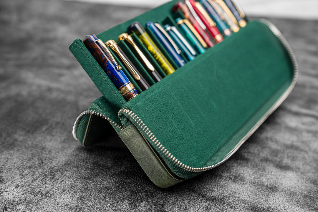 Galen Leather - Zippered Magnum Opus 12 Slots Hard Pen Case with Removable Pen Tray - C. H. Forest Green