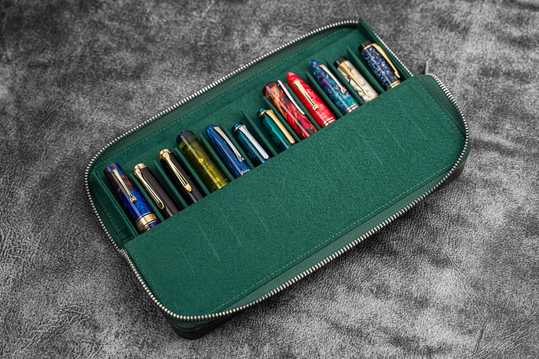 Galen Leather - Zippered Magnum Opus 12 Slots Hard Pen Case with Removable Pen Tray - C. H. Forest Green