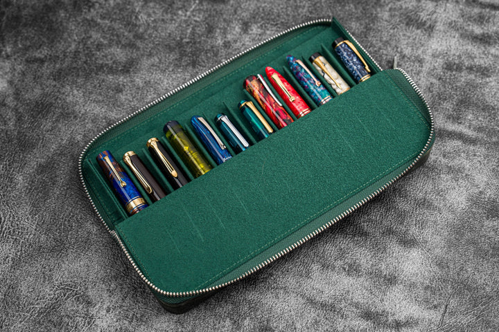 Galen Leather - Zippered Magnum Opus 12 Slots Hard Pen Case with Removable Pen Tray - C. H. Forest Green