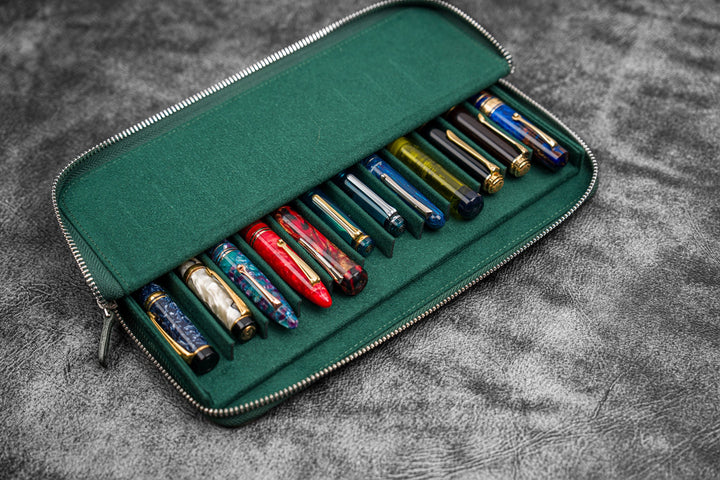 Galen Leather - Zippered Magnum Opus 12 Slots Hard Pen Case with Removable Pen Tray - C. H. Forest Green