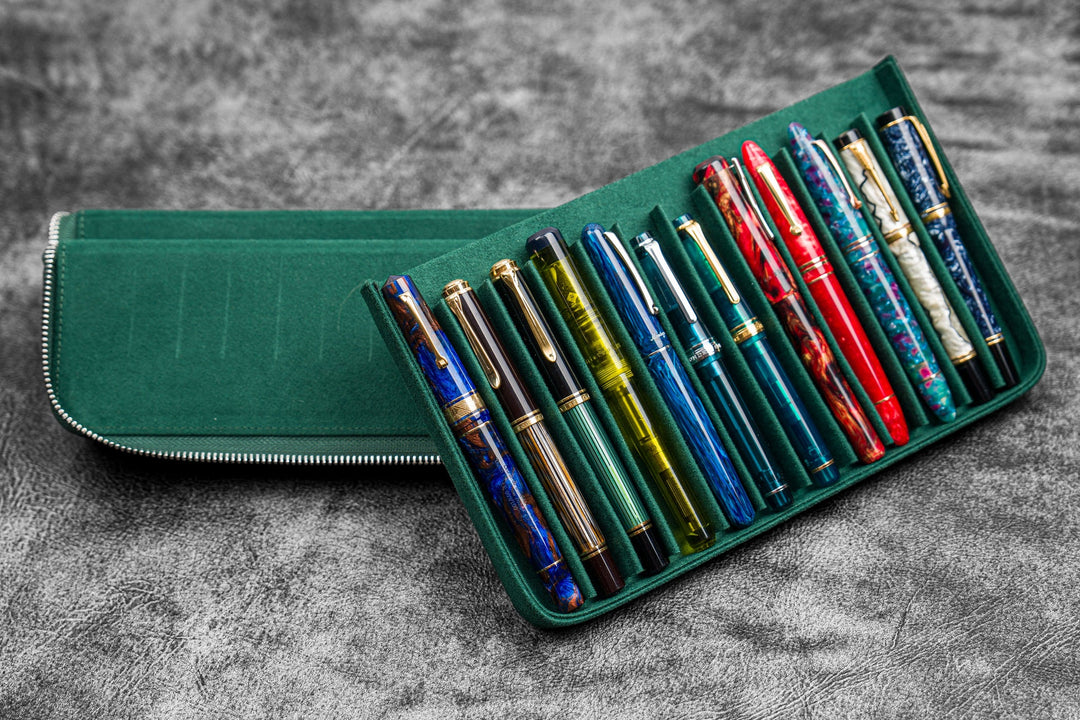Galen Leather - Zippered Magnum Opus 12 Slots Hard Pen Case with Removable Pen Tray - C. H. Forest Green