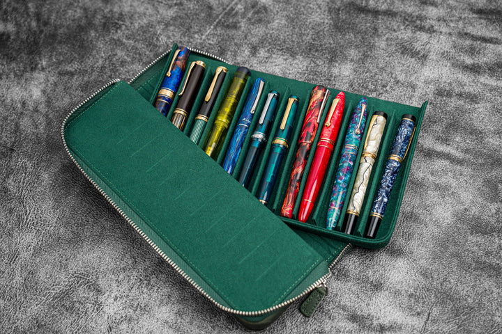 Galen Leather - Zippered Magnum Opus 12 Slots Hard Pen Case with Removable Pen Tray - C. H. Forest Green
