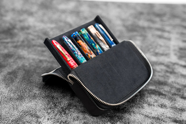 Galen Leather - Zippered Magnum Opus 6 Slots Hard Pen Case - Removable Tray - Black