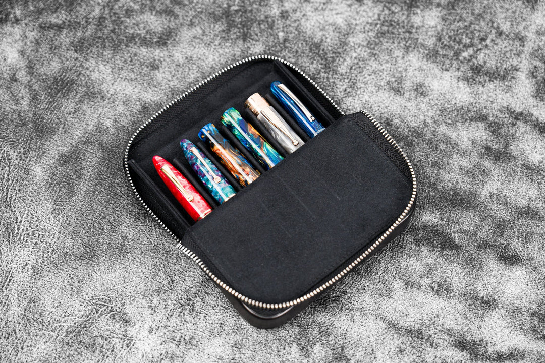 Galen Leather - Zippered Magnum Opus 6 Slots Hard Pen Case - Removable Tray - Black