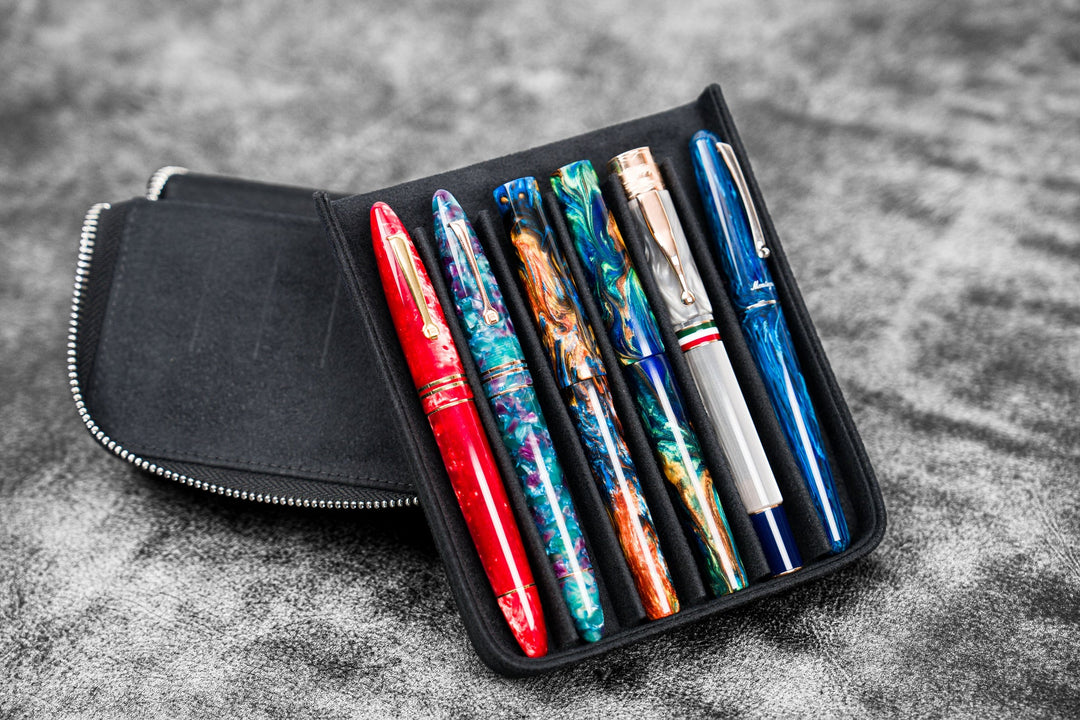 Galen Leather - Zippered Magnum Opus 6 Slots Hard Pen Case - Removable Tray - Black