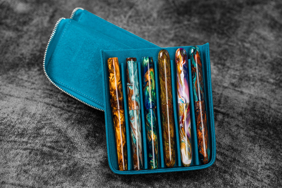 Galen Leather - Zippered Magnum Opus 6 Slots Hard Pen Case - Removable Tray - C. H. Ocean Blue