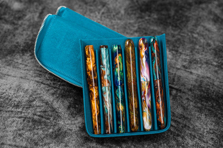 Galen Leather - Zippered Magnum Opus 6 Slots Hard Pen Case - Removable Tray - C. H. Ocean Blue