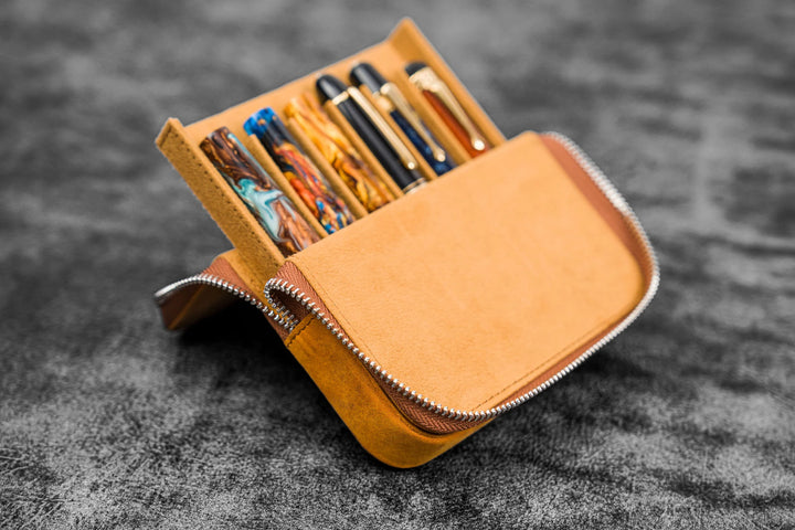 Galen Leather - Zippered Magnum Opus 6 Slots Hard Pen Case - Removable Tray - Crazy Horse Brown