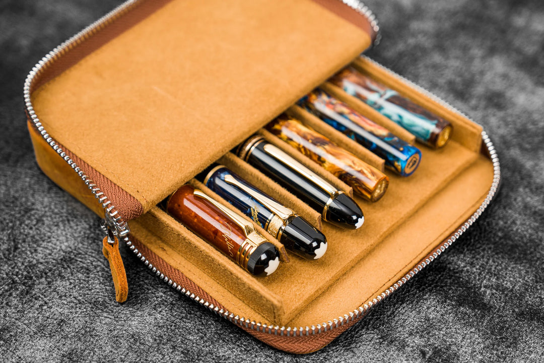 Galen Leather - Zippered Magnum Opus 6 Slots Hard Pen Case - Removable Tray - Crazy Horse Brown