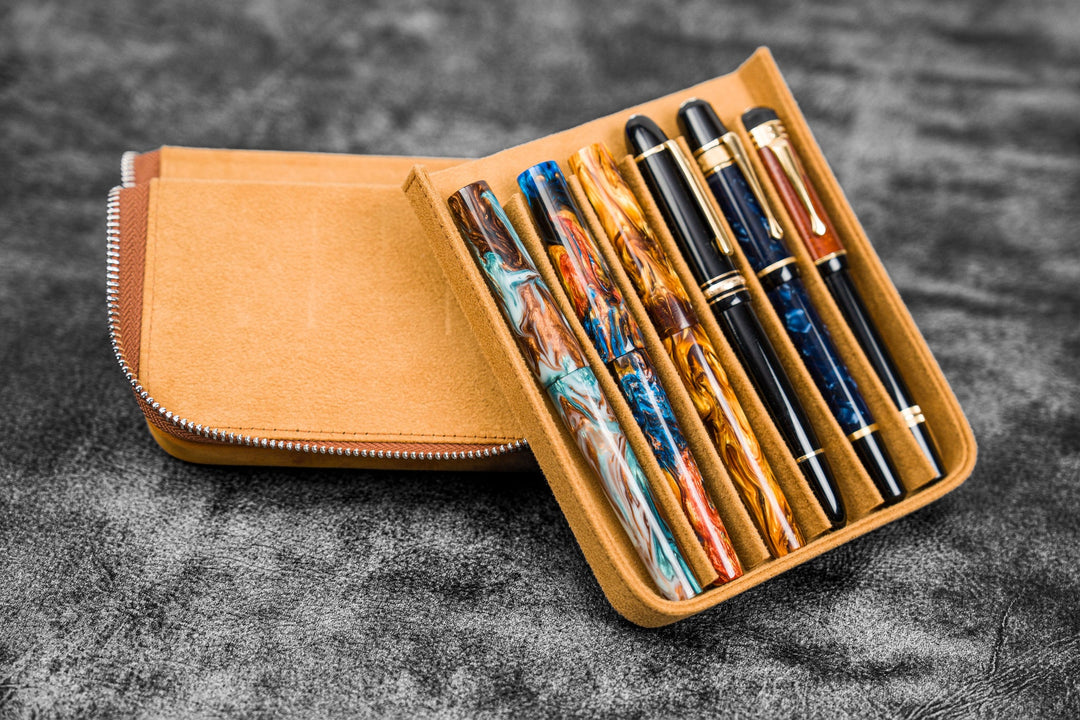 Galen Leather - Zippered Magnum Opus 6 Slots Hard Pen Case - Removable Tray - Crazy Horse Brown