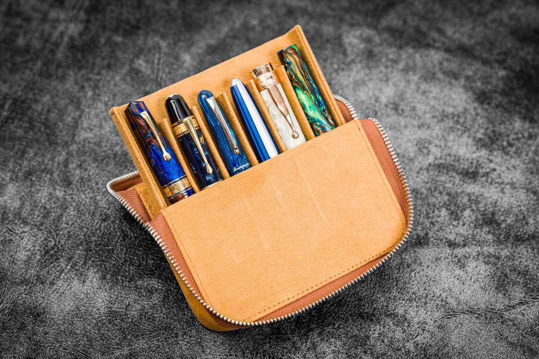Galen Leather - Zippered Magnum Opus 6 Slots Hard Pen Case - Removable Tray - Crazy Horse Brown