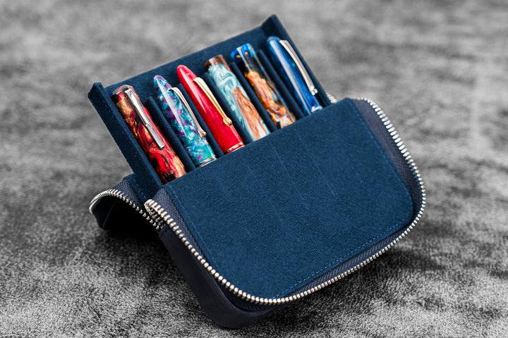 Galen Leather - Zippered Magnum Opus 6 Slots Hard Pen Case - Removable Tray - C. H. Navy Blue