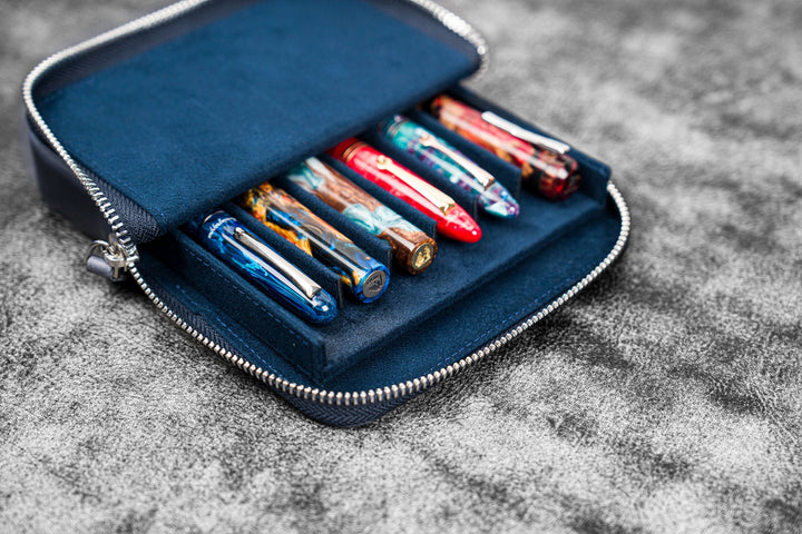 Galen Leather - Zippered Magnum Opus 6 Slots Hard Pen Case - Removable Tray - C. H. Navy Blue
