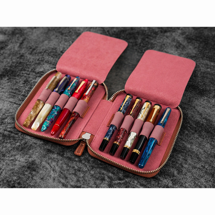 Galen Leather - Leather Zippered 10 Slots Pen Case - C.H. Orange